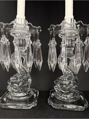 Pair of Cambridge Glass Candle Holders Fish Figure Bases w/Crystal Prisms 9,5